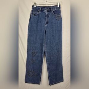 Quacker Factory Vintage Hearts Studded High-Rise Blue Denim Jeans sz Small
